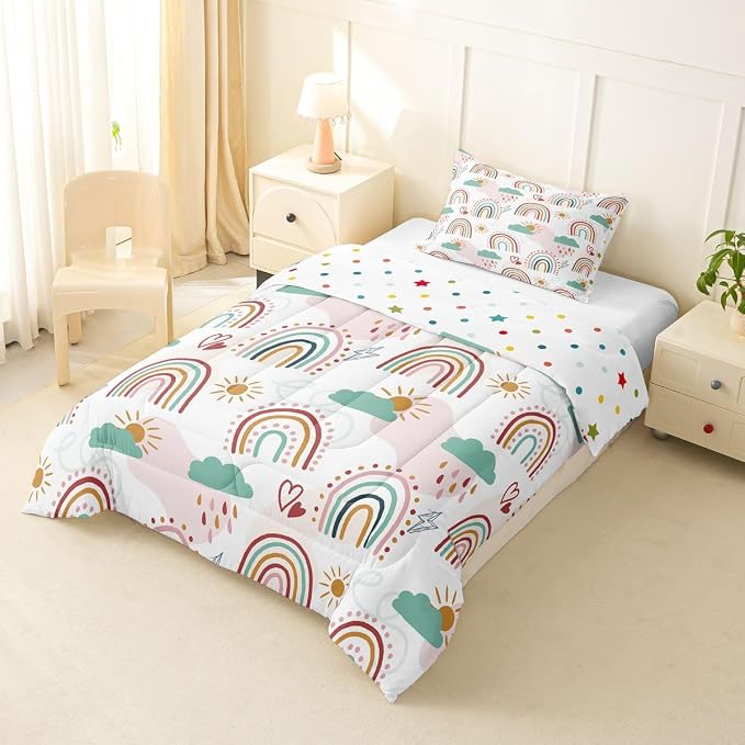 Erosebridal Rainbow Quilt for Kids Girls, Cartoon Sun and Clouds Comforter Set & Pillow Cases, Love Heart Down Comforter Iridescent Stripes Hand Drawn Bedding Set Kawaii Room Decor, Twin Size - Image 2
