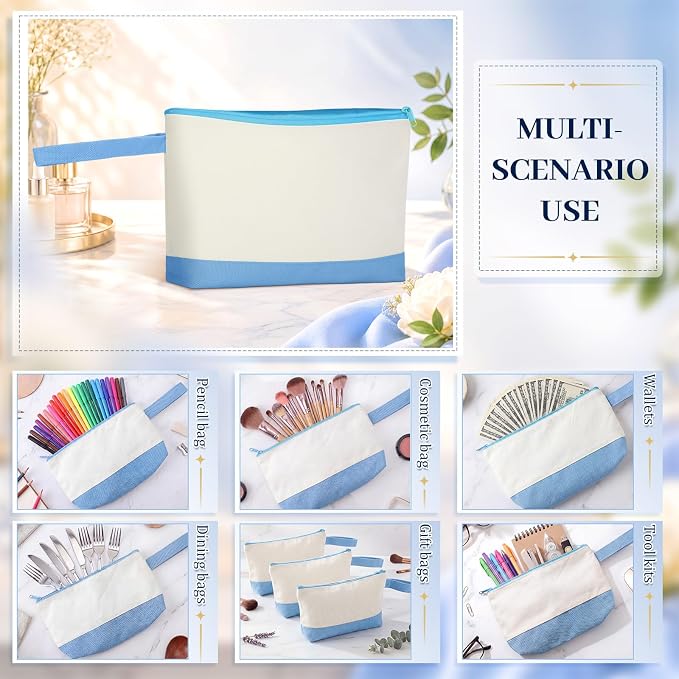Silkfly 15 Pcs Cotton Canvas Makeup Bags Cosmetic Zipper Bags 10.2 x 5.5 x 2'' Blank DIY Pouch Bulk Pencil Case with Bottom Travel Toiletry Pouch for Women Craft Decor Gift (Beige and Light Blue) - Image 4