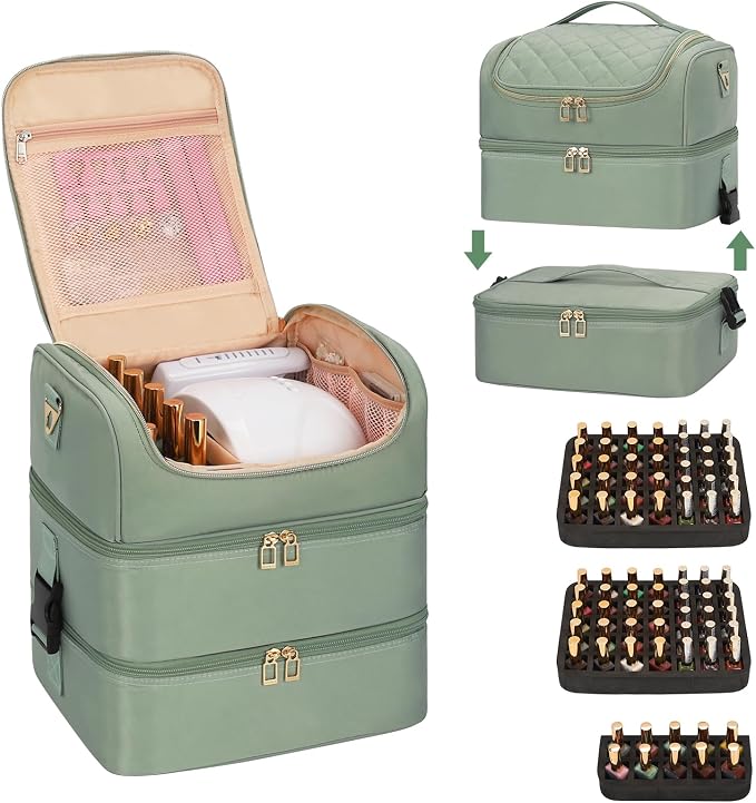 Extra Large Nail Polish Organizer - Three Layer Nail Organizers And Storage Bag, Portable Nail Supplies Organizer Case, Nail Tech Kit Travel Carrying Box with Shoulder Strap (Green, 86 Slots) by CUBETASTIC