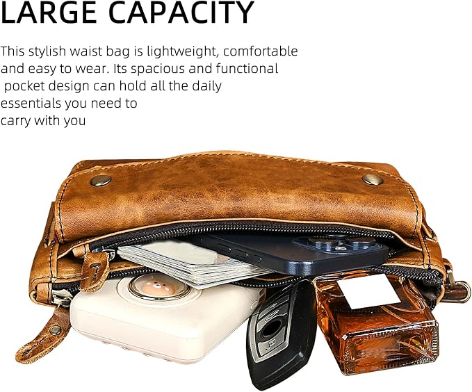 Water Resistant Canvas + Leather Hiking Riding Travel Fanny Waist Pack Small Phone Pouch For Men Women FB811-29 (100% Leather-The 8136 Brown2) - Image 6