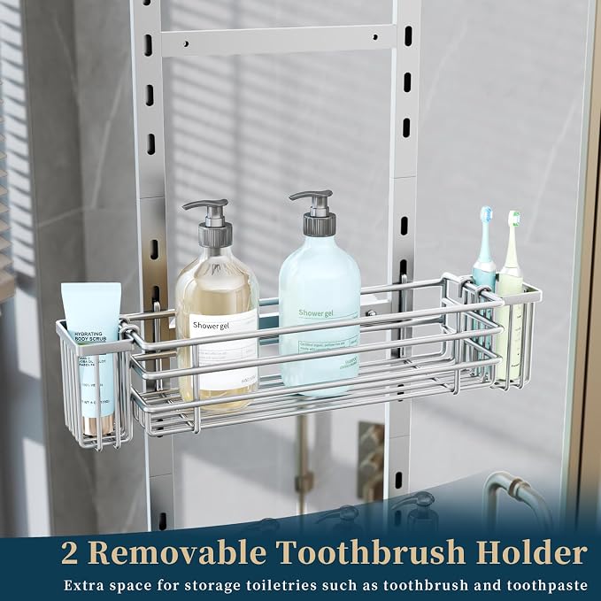 Consumest Over The Door Shower Caddy - 5 Tier Adjustable Shower Organizer Hanging with 2 Toothbrush Holders & 4 Hooks, Rustproof Organizer Shelf, Storage Rack for Bathroom, Silver - Image 3
