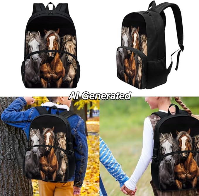 Horse Boys Backpack 8-12 Teenage Boys Girls Schoolbag Set with Lunch Box and Pencil Case Book Bags for Middle School 17 Inch Laptop Bag, 3Pcs - Image 2