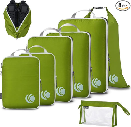 Cipway Compression Packing Cubes, Lightweight Travel Luggage Organizers with Shoe Bag, Toiletry Bag & Laundry Bag, Travel Essentials for Carry on Suitcase (8 Piece,Green) by Cipway