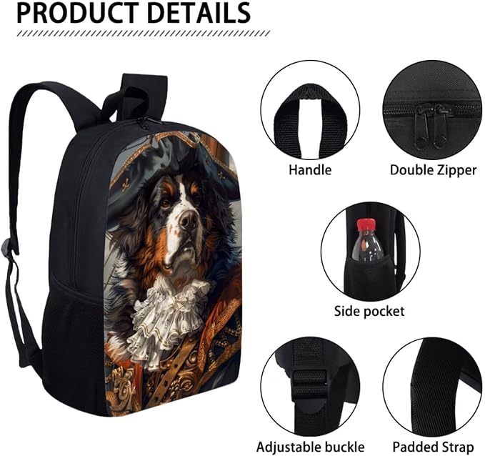 17 Inch Animal Print School Backpack And Lunch Box Set for Kids Funny Pirate Bernese Mountain Dog Backpack for Boys Girl Sturdy School Bag with Insulated Lunchbox Pencil Case Student Bookbag - Image 4
