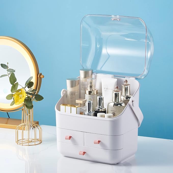 SUNFICON Makeup Organizer Cosmetic Organizer Makeup Storage Holder Box Crystal Clear Lid w Handheld 3 Drawers Dustproof Waterproof for Vanity Bathroom Countertop Birthday - Image 5