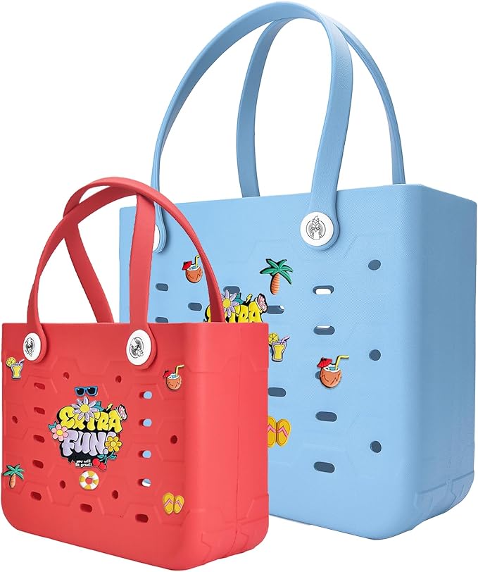 2-Pack Beach Bags Medium & Small,Waterproof Sandproof Rubber Tote Set for Women Men, Vacation Pool Boat Essentials by Unknown