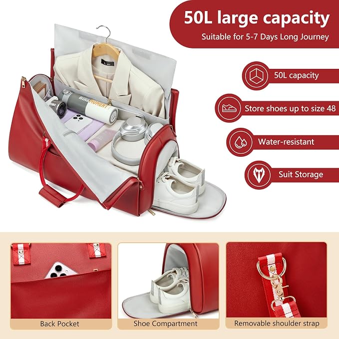 Leather Garment Bags for Travel, Convertible Carry on Garment Duffel Bag for Women, 2 in 1 Waterproof Foldable Travel Suit Bag with Shoulder Strap Weekender Bag with Shoe Pouch, Red - Image 3