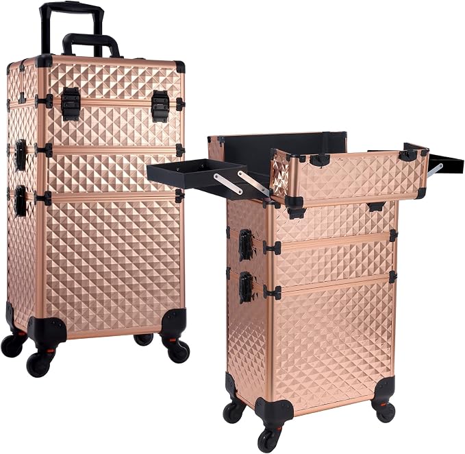 Frenessa Rolling Makeup Train Case 3 in 1 Professional Cosmetic Trolley Large Storage with keys Swivel Wheels Salon Barber Case Traveling Cart Trunk for Make Up Nail Tech - Vintage Rose Gold | Cosmetic Trolley Large Storage with Keys 360° Swivel Salon ... by Frenessa