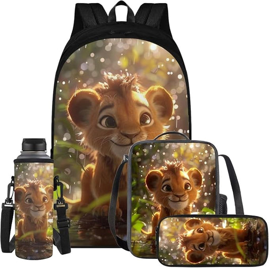 Lion Backpack for Kids Girls Backpack with Lunch Box Water Bottle Holder and Soft Pencil Pouch 4PCS Set Cute Bookbag with Compartments 17 inch Large School Bag for Boys Back to School Supplies by ELEDIZI