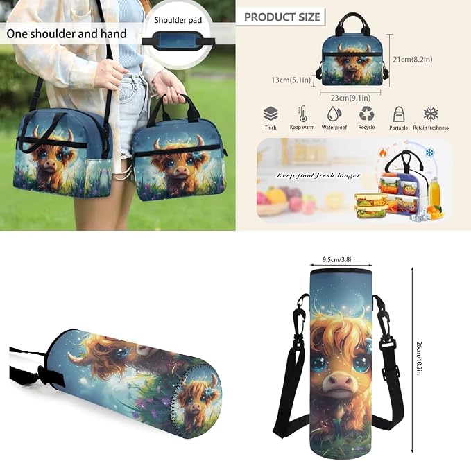 4pcs Highland Cow Backpack for Boys 8-12,Cute Highland Cow School Bag with Lunch Bag Pencil Case Water Bottle Holders Crossbody BagsElementary School Bookbag Child Travel Bag Causal Daypack - Image 4