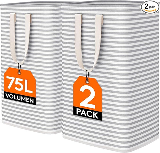 Lifewit 2 Packs Freestanding Clothes Hamper with Carry Handles, Large Tall Laundry Basket for Organization for Adults in Laundry Room Dorm Bedroom, Gray, 2 x 75L by Lifewit