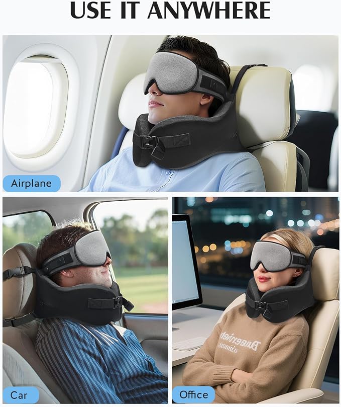 YFONG Travel Pillow for Long Flight Airplane, Head Strap Combo with 3D Contoured Sleep Eye Mask, Neck Pillow for Travel Essential, 360° Support Memory Foam Headrest, Prevent Bobbing, Drawstrap - Grey - Image 9