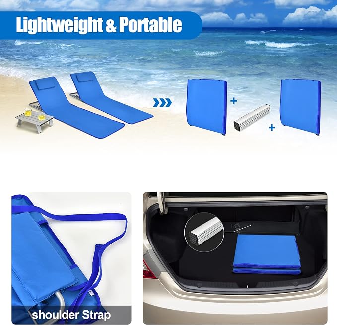 GYMAX Beach Chairs, Folding Tanning Lounge Chairs with Table Set, Adjustable Patio Floor Chair, Outdoor Sunbath Chair with Desk, Pillow & Storage Bag for Outside, Patio, Poolside (Blue) - Image 4