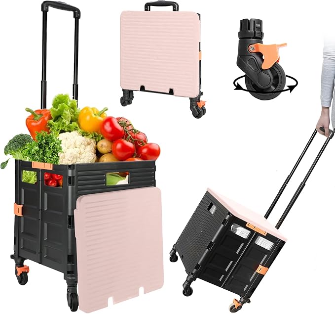 Quick Utility Cart Folding Portable Rolling Crate Handcart with Durable Heavy Duty Plastic Telescoping Handle Collapsible 4 Rotate Wheels for Travel Shopping Moving Luggage Office Use (black&pink lid) - Image 5