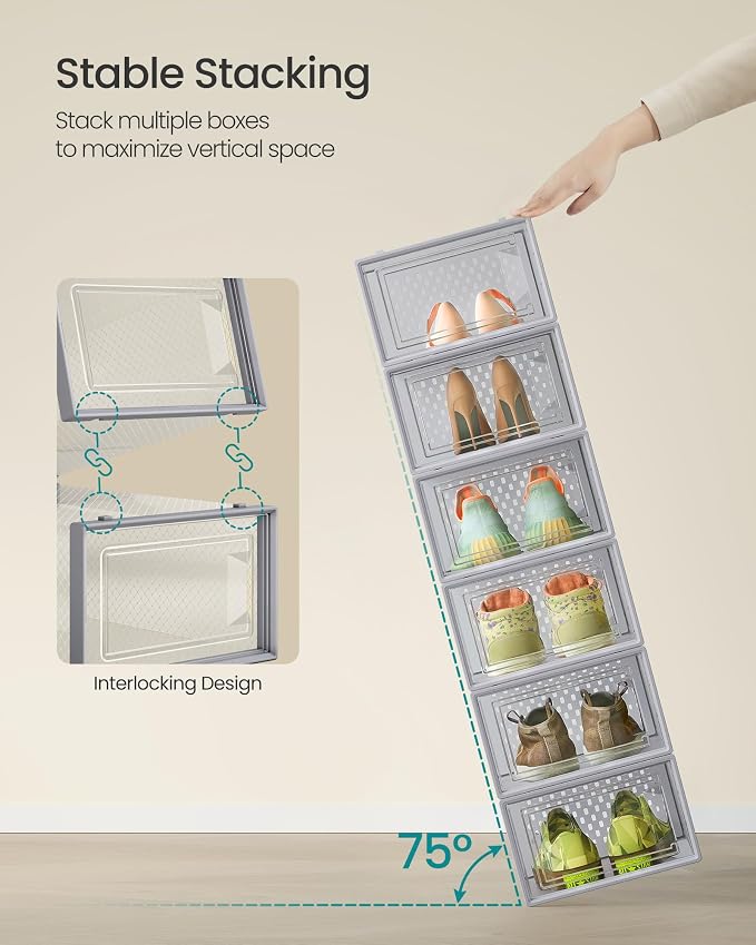 SONGMICS Shoe Boxes, Pack of 12 Shoe Storage Organizers, Stackable Clear Plastic Boxes for Closet, Sneakers, 13.1 x 9.1 x 5.6 Inches, Transparent and Gray ULSP006G12 - Image 3