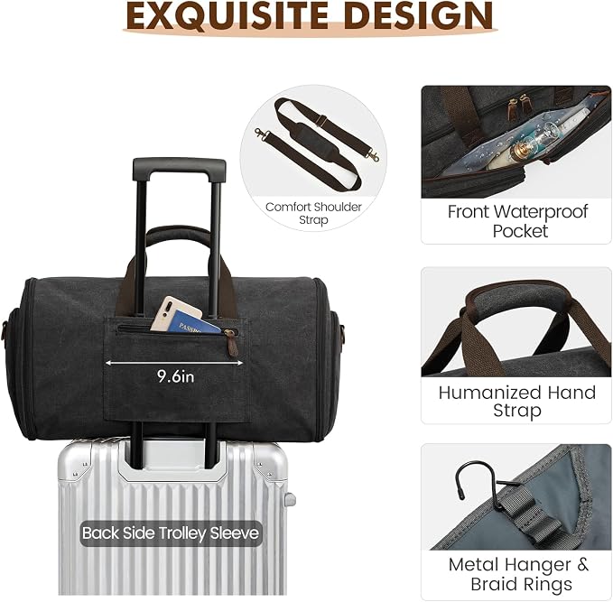 Garment Bag for Travel, S-ZONE Duffle Bag for Men Travel Convertible Suit Bags Carry on Luggage Women Hanging Suitcase Travel Bag with Toiletry Bag | Soft Canvas, Black, Carry-on size, with Toiletry Bag, Adjustable Shoulder Strap, Trolley Sleeve, Shoe ... - Image 4