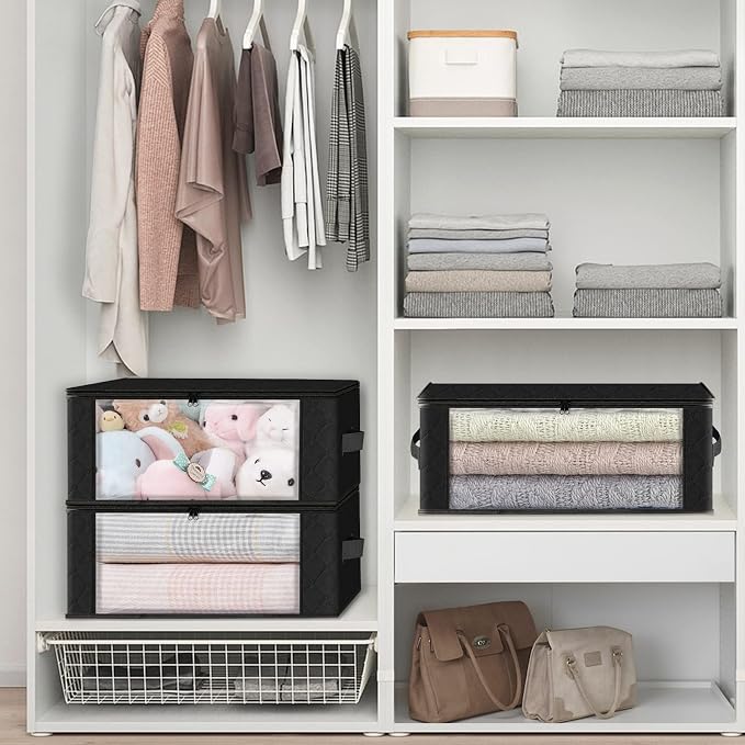 HomeHacks Storage 10-Pack Clothes Organizer Storage Bags Foldable Storage Box with Large Clear Window Sturdy Handles for Closet, Dorm, Pillows, Bedding, Clothes, Blankets, 35L, Black - Image 5