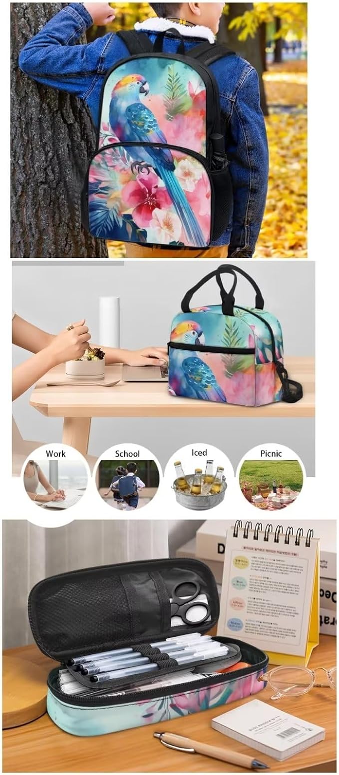 Blue Floral Bird Parrot Backpack Set for Girls Kids Lightweight Cute School Backpack with Lunch Box Pencil Case Adjustable Strap Padded Book Bag Insulated Lunch Bag - Image 5