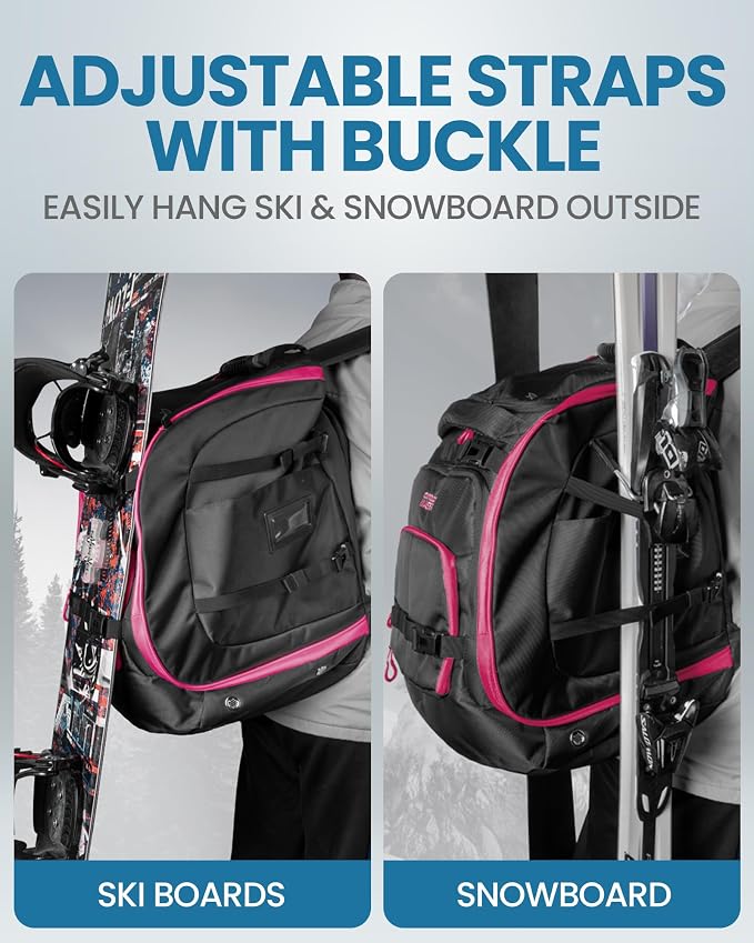 OutdoorMaster Boot Bag, 65L Waterproof Ski Snowboard Boots Air Cushion Shoulder Pad Skiing Gear Bag Travel Backpack for Ski Helmets, Goggles & Accessories Men & Women-Rose Red Gray - Image 6
