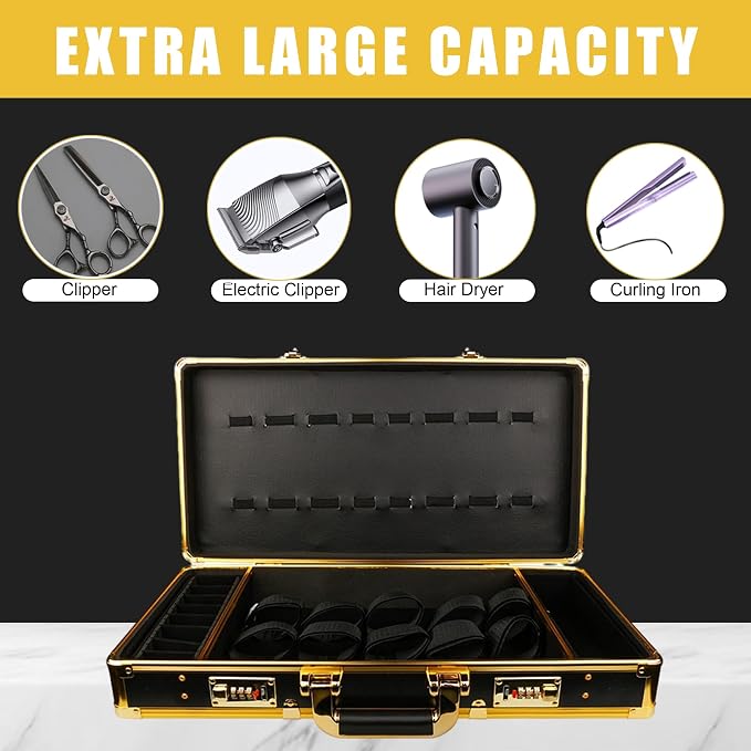 GYKLE Gold Barber Case, Large Barber Carrying Suitcase with Code Lock | Large Space, Comes with Shoulder Strap, Aluminum Clippers Case, Hair Cutting Tools Organizer Box - Image 5