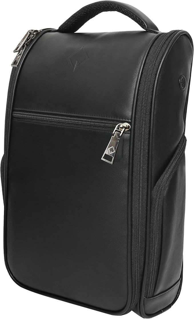 CaddyDaddy Premium Golf Shoe Bag Zipper Sports Shoe Strap Bag with Side and Front Accessory Pocket for Storing Golf Accessories Golf Shoe Carry Bags (LUX Synthetic Leather | Black) by CaddyDaddy