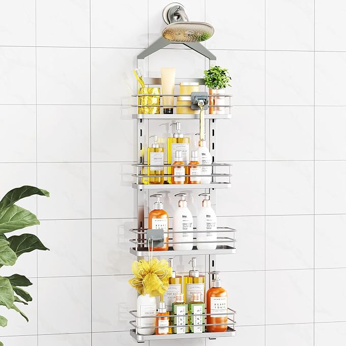 ODesign 4 Tier Adjustable Shower Caddy Hanging Over Showerhead Silver | Shower organizer hanging,no drilling required,comes with removable hook and storage box, suitable for indoor showers by ODesign
