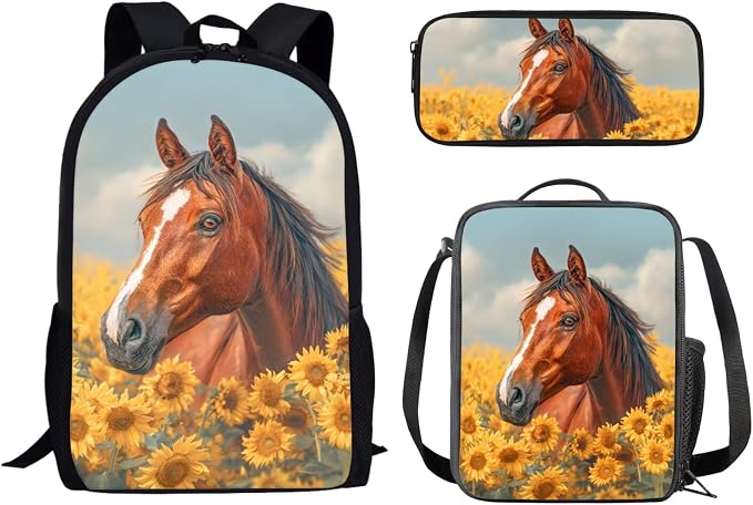 Mumeson Horse Sunflower Backpack Set for Women Girls Teen School, Big Capacity Bookbag Rucksack with Insulated Lunch Bag and Small Pencil Case, 3 Piece Back to School Supplies Set by Mumeson