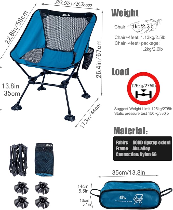 iClimb Ultralight Compact Camping Folding Beach Chair with Anti-Sinking Large Feet and Back Support Webbing (Blue - Square Frame) - Image 3