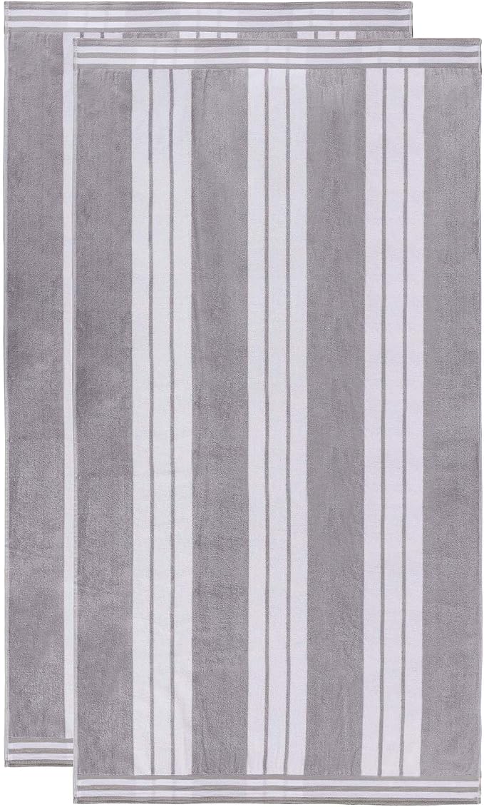 Superior Oversized Cotton Beach Towel Set of 2, Absorbent Towels for Bathroom, Pool, Swim, Adults, Kids, Vacation, Travel, Bath, Quick Dry Basics, Trip Essentials, Striped Decor, Light Grey - Image 2