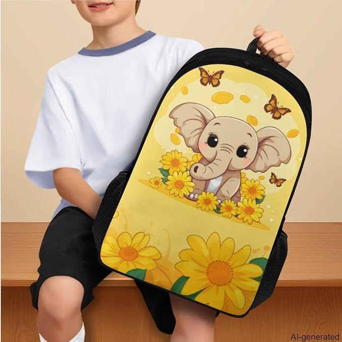 Sunflower Elephant Backpack for Girls Kids Backpack with Lunch Box Water Bottle Pouch and Cute Pencil Case 4PCS Set Bookbag with Compartments 17 inch Kawaii School Bag for Elementary Girls - Image 3