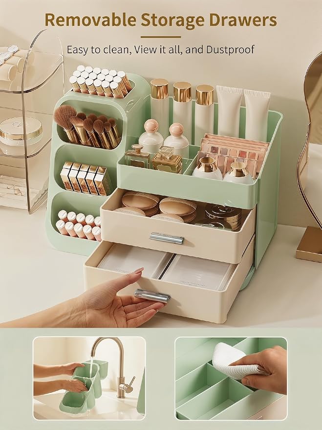 Booklov Makeup Organizer for Vanity and Bathroom Countertop, Green Cream | Plastic Cosmetic Display Case with Drawers, Beauty Brush Holder for Dresser Counter Skin Care Eyeshadow Lipstick Storage - Image 6