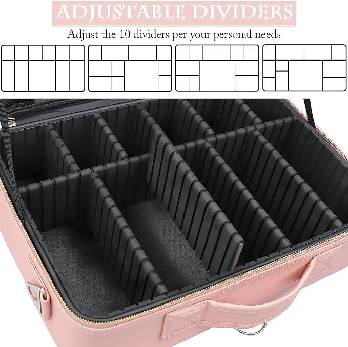 Travel Makeup Train Case,Large Capacity Cosmetic Bags for Women,Portable Makeup Bag Organizer with Adjustable Dividers & Shoulder Strap(Pink, L) - Image 4