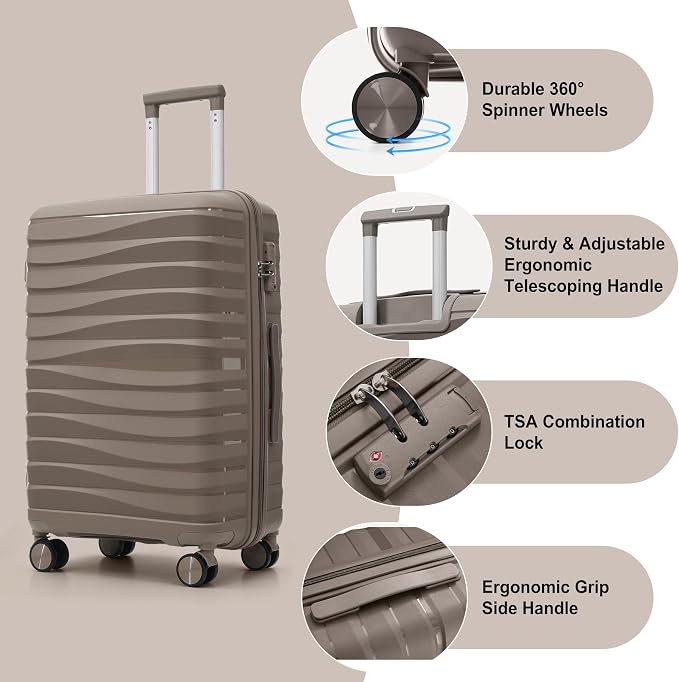 Hardside Luggage Sets, Lightweight Wave Suitcase with Spinner Wheels, PP Brown - Image 3