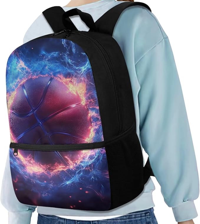Fire Basketball Backpack for School Boys Backpack with Lunch Box Water Bottle Bag and Large Pencil Pouch 4PCS Set Bookbag with Front Pocket 17" Lightweight School Bag with Side Pocket for Kids - Image 2