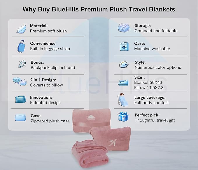 BlueHills Premium Soft 2 Pack Mini Travel Blanket Pillows Dusty Rose Pink | Luggage Belt & Backpack Clip, Lightweight, Ultra Soft Plush Pouch, 2 in 1 Blankets Combo, Airplane Accessories, Compact Case - Image 2