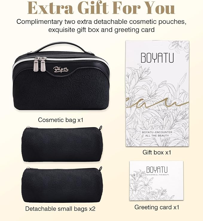 BOYATU Travel Makeup Bags Cosmetic Organizer Bag: 3-Set Large Capacity Make up Bag - PU Leather Toiletry Bags for Women - Wide Open Portable Pouch with Divider & Handle (A-Black) - Image 6
