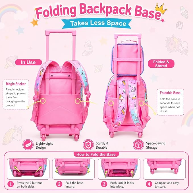 AGSDON 3PCS Rolling Backpack for Girls Boys, Kids Roller Wheels Bookbag, Wheeled School Bag with Lunch Bag - Image 3