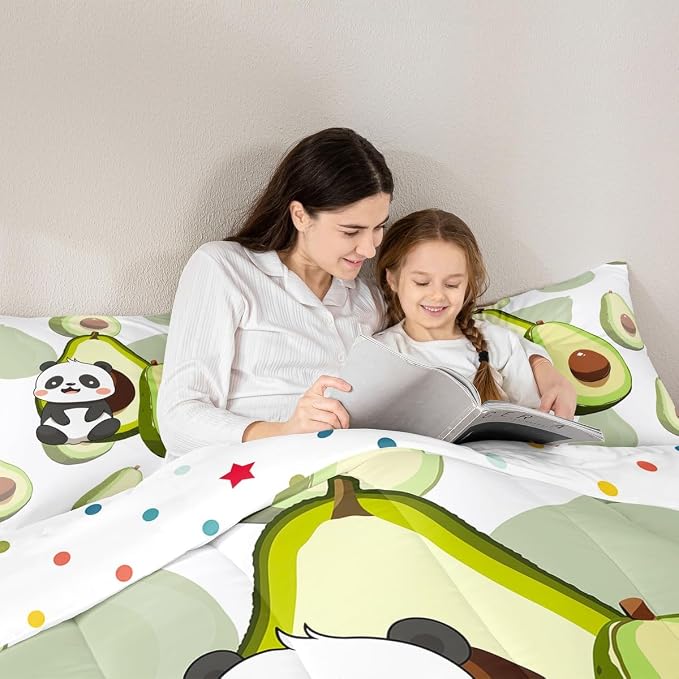Erosebridal Panda Comforter Set Queen,Avocado Bedding Set Cute Black White Panda Bedding Bear Cat Bedding Comforter for Kids Boys Girls Green Tropical Fruit Quilt Duvet Set Room Decor 2 Pillow Cases - Image 5