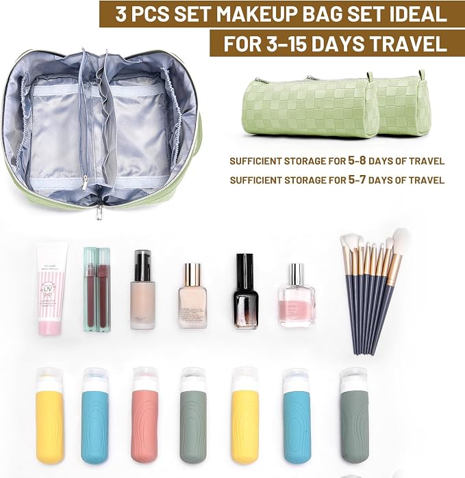 BOYATU Travel Makeup Bag Organizer: 3 Pcs Set Large Capacity Cosmetic Bags Holds 10–20 100ml Full-Size Bottles - 180°Open-Flat Make up Case 3-sec touch-up - Toiletry Bag Gift women (01-D-Green) - Image 4