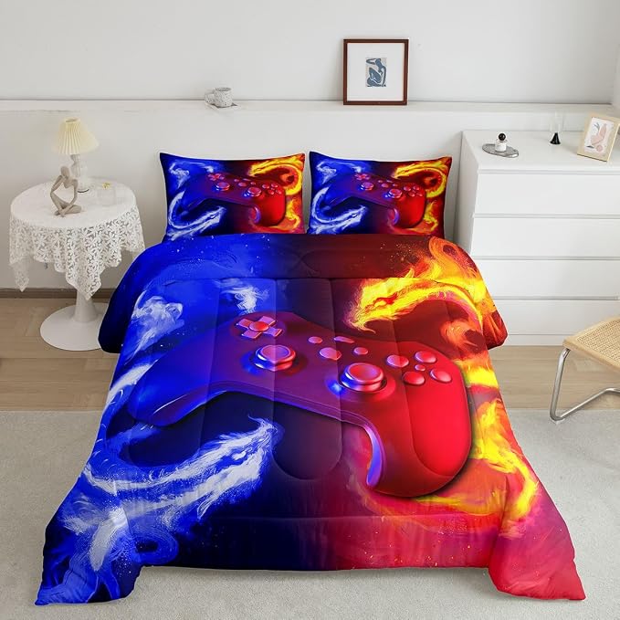 Ice Fire Dragon Comforter Set for Boys Teens Kids Gamer Games Room Decor Bedding Set Blue Red Gaming Gamepad Down Comforter ,Fairy Tale Animals Theme Room Decor 3Pcs Duvet Insert Queen Size,Soft - Image 7