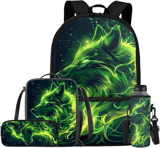Galaxy Wolf Backpack for Girls Boys Backpack with Lunch Box Water Bottle Carrier and Pencil Pouch 4PCS Set Bookbag with Front Pocket for School 17 inch Large Capacity School Bag for Kids by ELEDIZI
