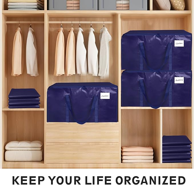 4 Pack-Extra Large Heavy Duty Moving Bags - Waterproof Storage Totes with Handles & Zippers, Foldable for College Dorm, Storage (Dark Blue) - Image 5