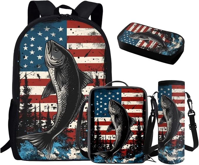 GIFTPUZZ Fish American Flag Backpack Set for Elementary Boys | Vintage Patriotic Print, 4-in-1 School Set, 17 Inch Bookbag with Lunch Box, Pencil Case, Water Bottle Sleeve, Ages 6-8 by GIFTPUZZ