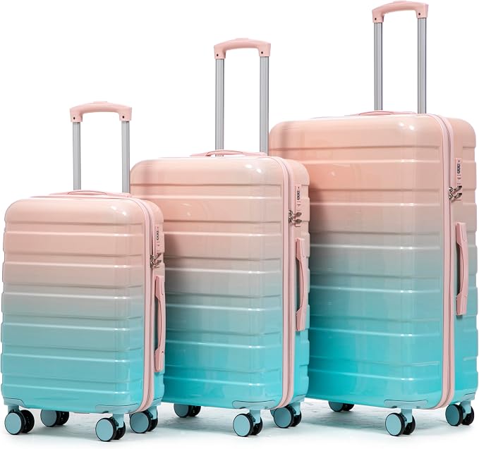 GDFStudio 20/24/28 Inch 3 Piece Hardshell Luggage Set with 360°Spinner Wheels,Lightweight & Waterproof,Polycarbonate Carry On Suitcase with Combination Lock,Retractable Handle,Gradient Blue+Pink by GDFStudio