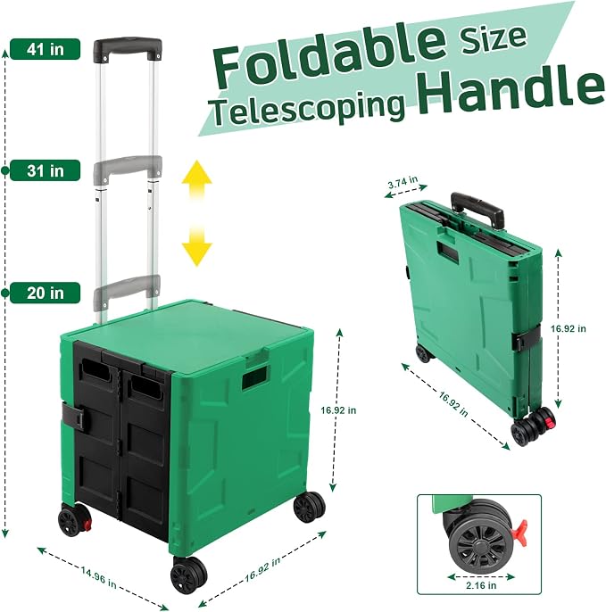 FELICON Folding Utility Cart Rolling Crate Handcart Basket-Dark Green+Black | Collapsible Hidden Lid,Plastic Box,Telescoping Handle,4 Rotate Wheels for Travel Shop Move Grocery Laundry Office Teacher Use - Image 3