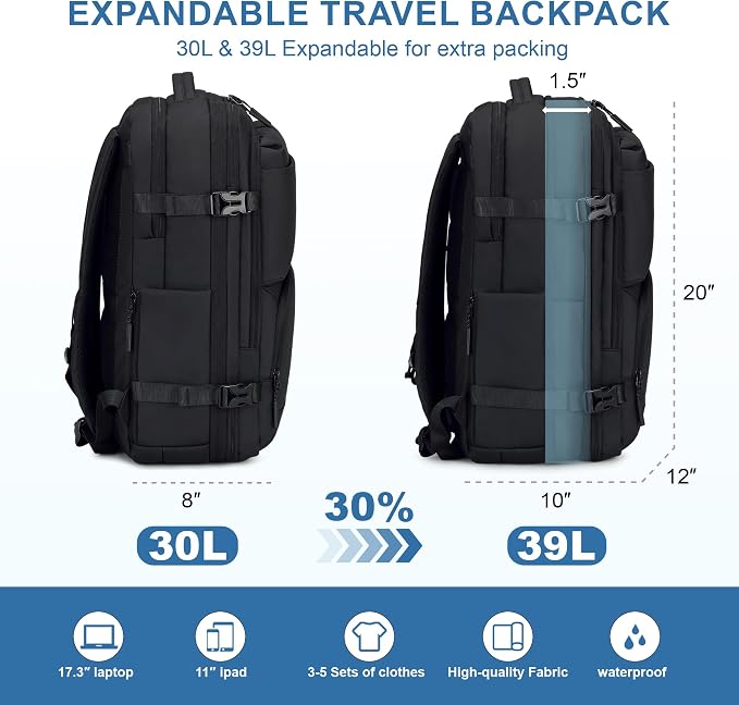 BAGOK Carry On Travel Backpack, 35L-40L Expandable Extra Large Airline Approved,Lightweight Daypack for Men and Women（Black） - Image 3