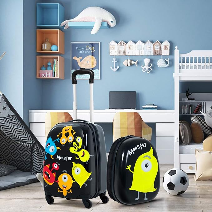 HONEY JOY Kids Luggage, 12" Toddler Backpack & 16" Travel Suitcase with Wheels, Lightweight Toddler Girls Suitcase, Durable ABS Hardshell, 2Pcs Carry On Luggage Set for Boys Girls, Black Monster - Image 9