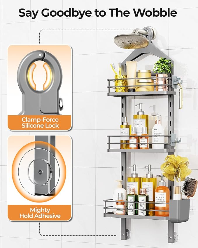ODesign 3 Tier Adjustable Shower Caddy Hanging Over Head Anti-Swing Grey | Shower organizer hanging,no drilling required,comes with removable hook and storage box, suitable for indoor showers - Image 5