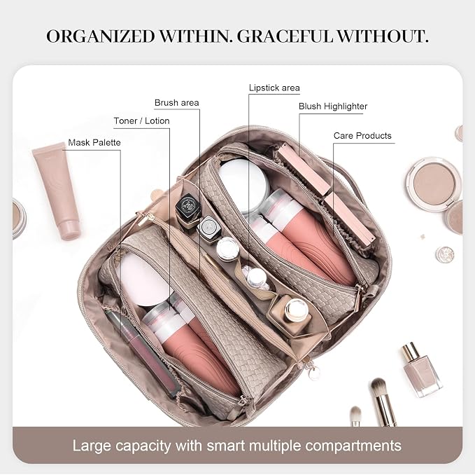 Travel Makeup Bag for Women: Designer 3 Pcs Set Cosmetic Bags for Women - Large Capacity Vagen Leather Hand-made for Toiletry Organizer - Ladies Travel Flat Open Essentials for Luxury (05White) - Image 5