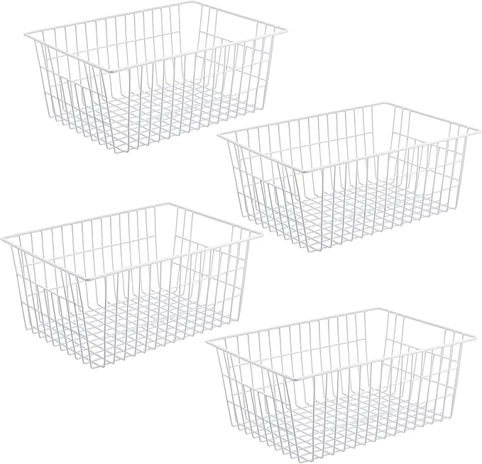 iPEGTOP Wire Storage Freezer Baskets, Set of 4 Large 15.4" Farmhouse Organizer Storage Bins Fridge Basket Rack with Handles for Kitchen Cabinets, Pantry, Office, Bathroom Organization - White by iPEGTOP